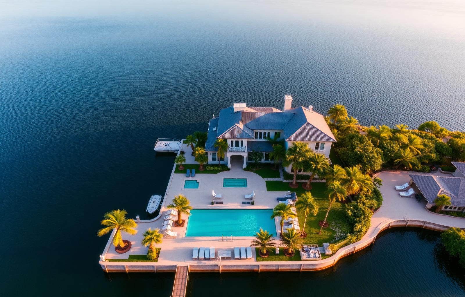Aerial view of a waterfront Naples estate